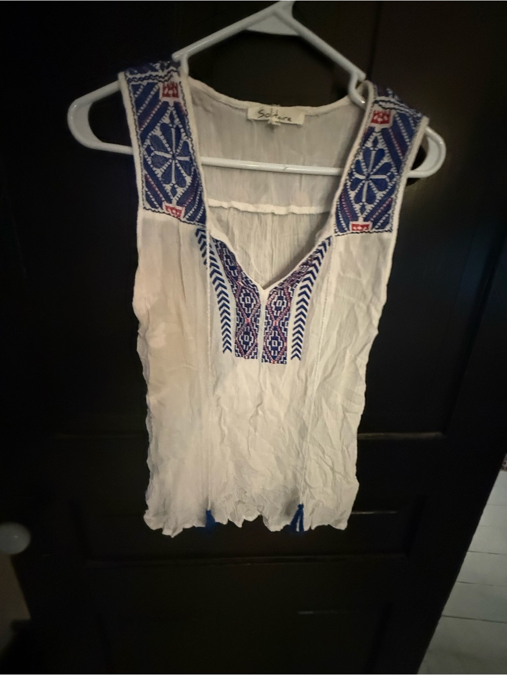 Solitaire White Sleeveless Tank with Blue Embroidered Yoke - Picture 1 of 5